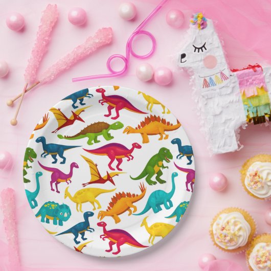 Mischung von farbenfrohen Dinosauriern in schwarze Pappteller (Party)