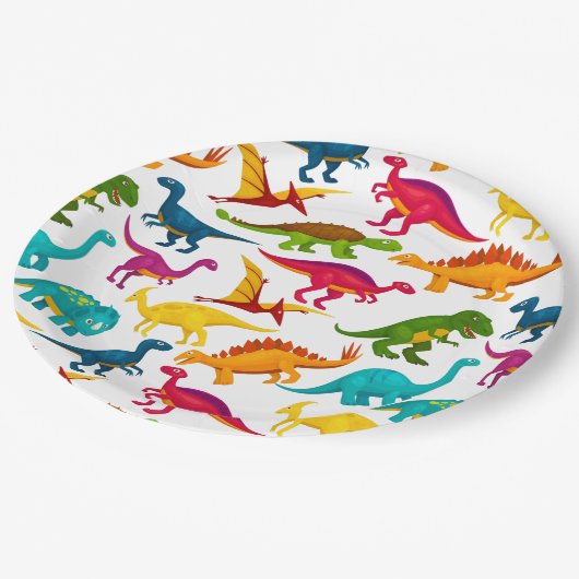 Mischung von farbenfrohen Dinosauriern in schwarze Pappteller (Schrägansicht)