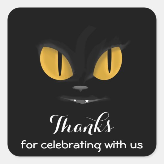Mischvous Black Cat mit Fangs Danke Quadratischer Aufkleber (Vorderseite)