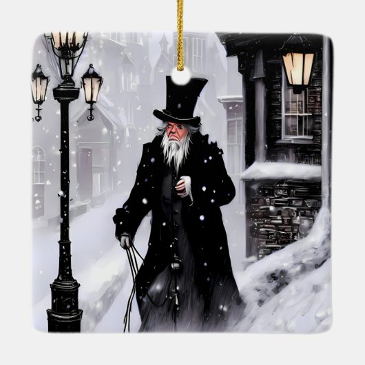 Miserly Ebenezer Scrooge Snowy Viktorianisch Stree Keramikornament (Rückseite)