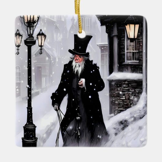 Miserly Ebenezer Scrooge Snowy Viktorianisch Stree Keramikornament (Vorderseite)