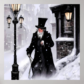 Miserly Ebenezer Scrooge Snowy Viktorianisch Stree Poster