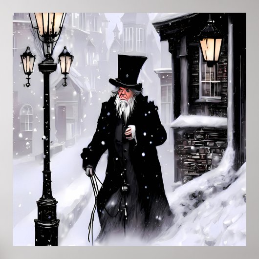 Miserly Ebenezer Scrooge Snowy Viktorianisch Stree Poster (Vorne)
