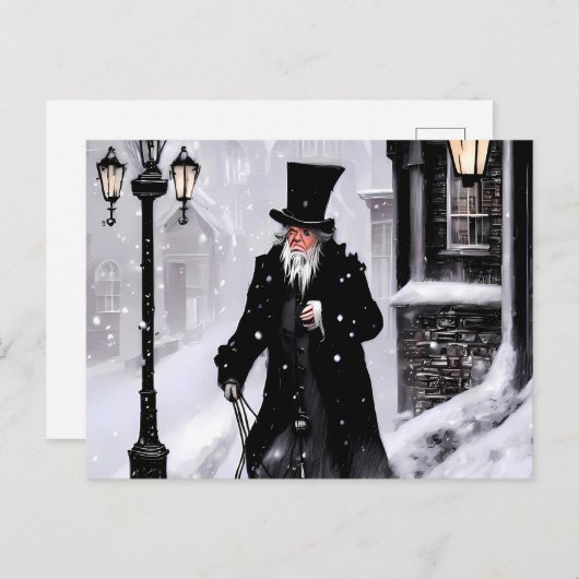 Miserly Ebenezer Scrooge Snowy Viktorianisch Stree Postkarte (Vorne/Hinten)