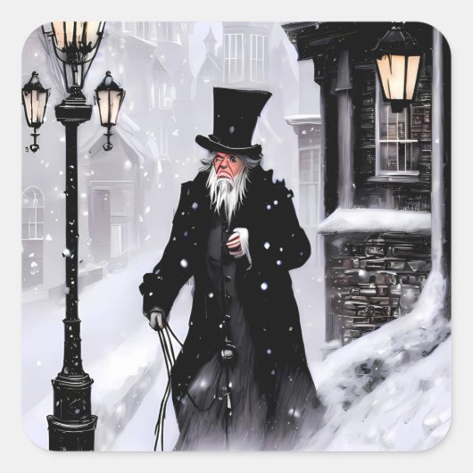 Miserly Ebenezer Scrooge Snowy Viktorianisch Stree Quadratischer Aufkleber (Vorderseite)
