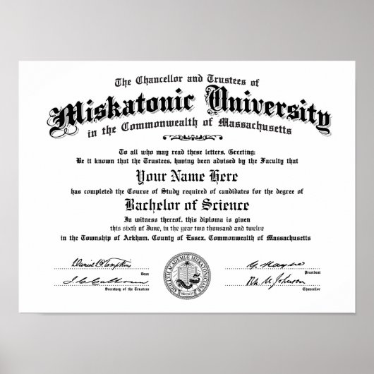 Miskatonic University Diploma — Geben Sie Ihren Na Poster (Vorne)