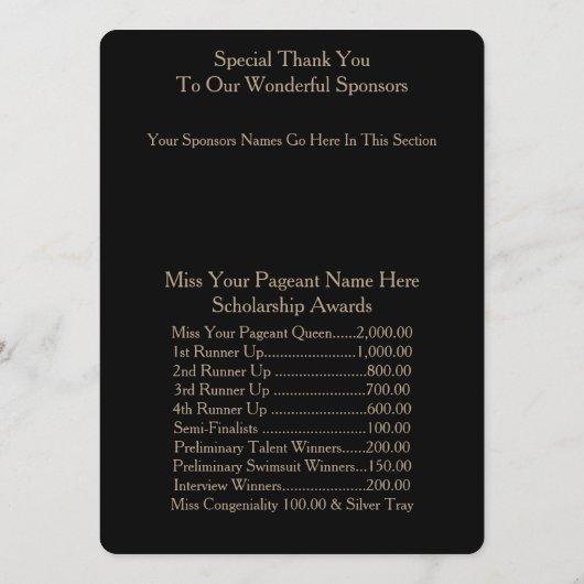 Miss America Gold Crown Awards Brunch Programmkart Programm (Rückseite)