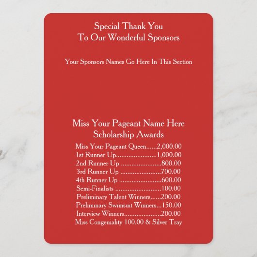 Miss America Rote Rose Pageant Awards Ball Program Programm (Rückseite)