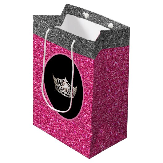 Miss America Silver Crown Pink FX GlitterGift Bag Mittlere Geschenktüte (Vorderseite Schrägansicht)