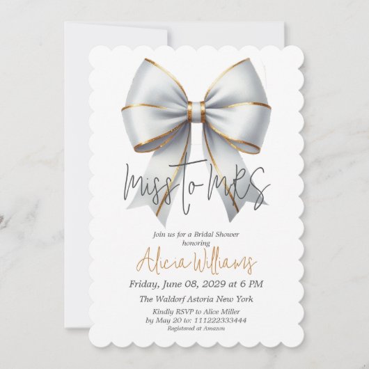 Miss an MRS Gold White Bow Brautparty Einladung (Vorderseite)