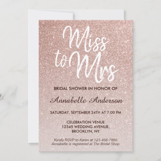 Miss an Mrs. Pink Rose Gold Glitzer Brautparty Einladung (Vorderseite)