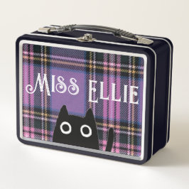 Miss Ellie und Katze Lila Kariert/Schwarz-Lunchbox Metall Brotdose
