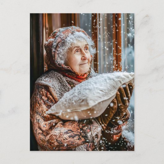 Miss Holle schüttelt Schnee vom Himmel Postkarte (Vorderseite)