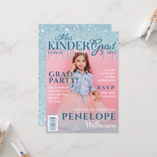Miss Kinder Grad Blue Glitzer Tropfen Magazine Cov Einladung (Vorderseite/Rückseite Beispiel)
