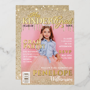 Miss Kinder Grad Gold Glitzer Tropfen Magazine Cov Folieneinladung