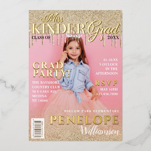 Miss Kinder Grad Gold Glitzer Tropfen Magazine Cov Folieneinladung (Vorderseite)
