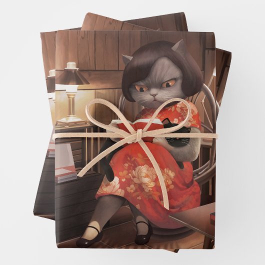 Miss Meow - Vintage Katze Reading Time Geschenkpapier Set (Beispiel)