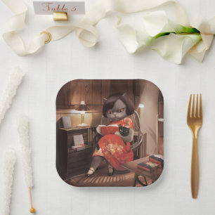 Miss Meow - Vintage Katze Reading Time Pappteller