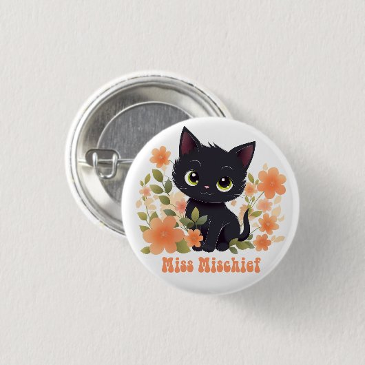 Miss Mischief Black Kitten Kawaii Chibi Button (Vorne & Hinten)