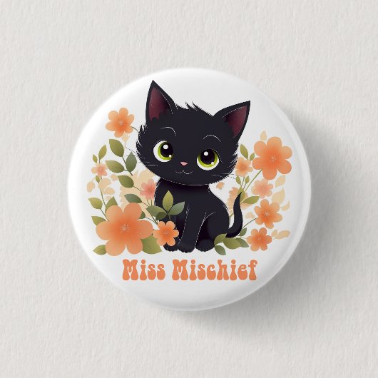 Miss Mischief Black Kitten Kawaii Chibi Button (Vorderseite)