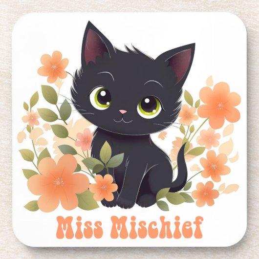 Miss Mischief Black Kitten Kawaii Chibi Getränkeuntersetzer (Vorderseite)