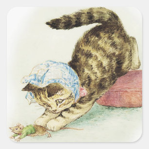 "Miss Moppet chases a Mouse" von Beatrix Potter Quadratischer Aufkleber