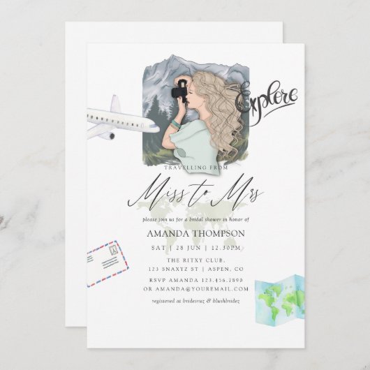 Miss - Mrs. Mountain Adventure Travel Brautparty Einladung (Vorne/Hinten)