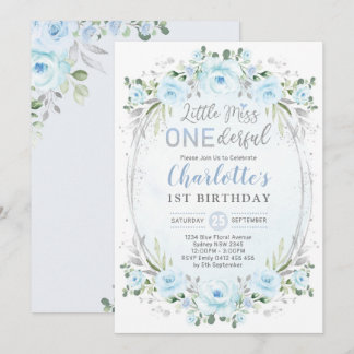 Miss ONEderful Baby Blue Gold Floral 1. Geburtstag Einladung