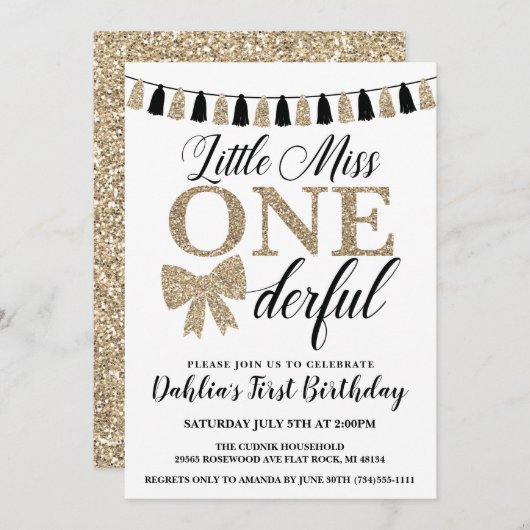 Miss Onederful Birthday Einladung, Schwarz und Gol Einladung (Vorne/Hinten)