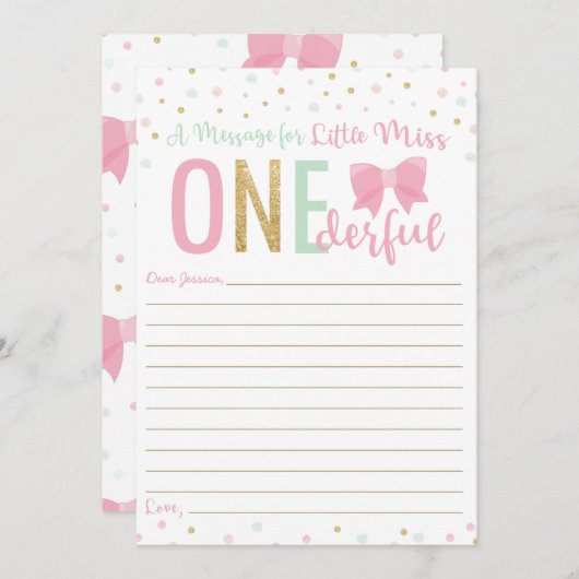 Miss ONEderful Pink Bow Time Capsule Message Card Einladung (Vorne/Hinten)