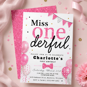 Miss ONEderful Rosa Glitter-Schleife 1. Geburtstag Einladung