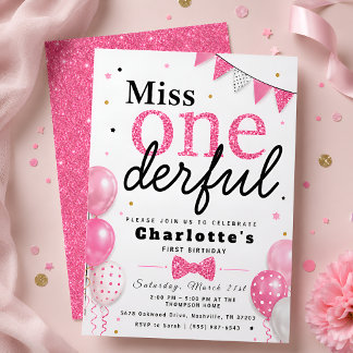 Miss ONEderful Rosa Glitter-Schleife 1. Geburtstag Einladung