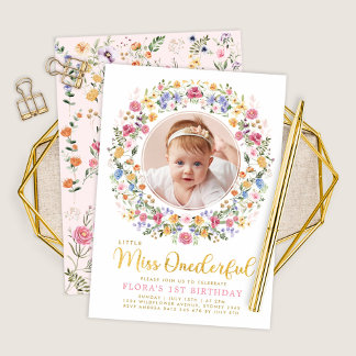 Miss ONEderful Wildblume Wreath Foto Geburtstag Einladung