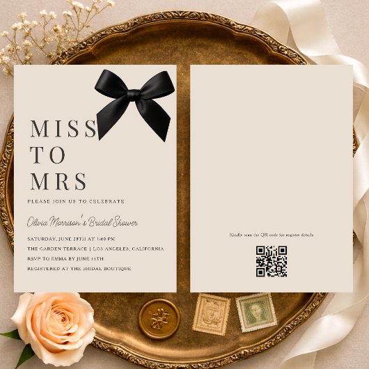 Miss to Mrs Black Bow QR Code Bridal Shower Einladung