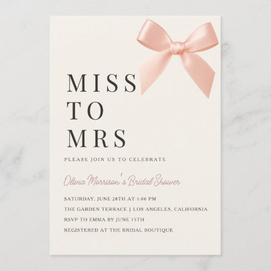 Miss to Mrs Blush Pink Bow Bridal Shower Einladung (Vorderseite)