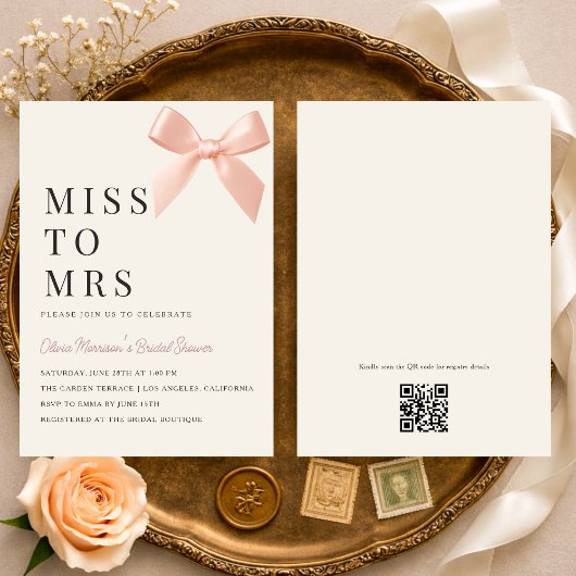 Miss to Mrs Blush Pink Bow QR Code Bridal Shower Einladung