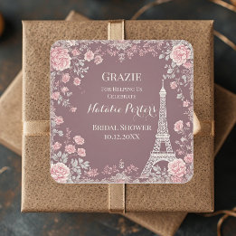 Miss to Mrs Bridal Shower Paris Eiffel Tower Flora Quadratischer Aufkleber