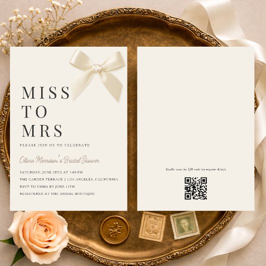 Miss to Mrs Coquette Bow QR Code Bridal Shower Einladung