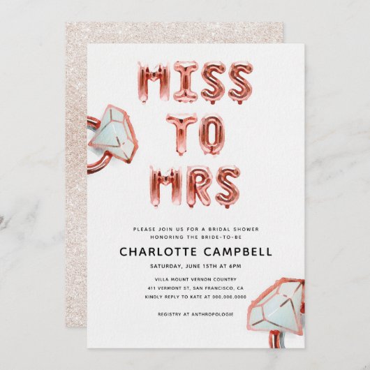 Miss To Mrs. Rose Gold Brautparty Einladung (Vorne/Hinten)