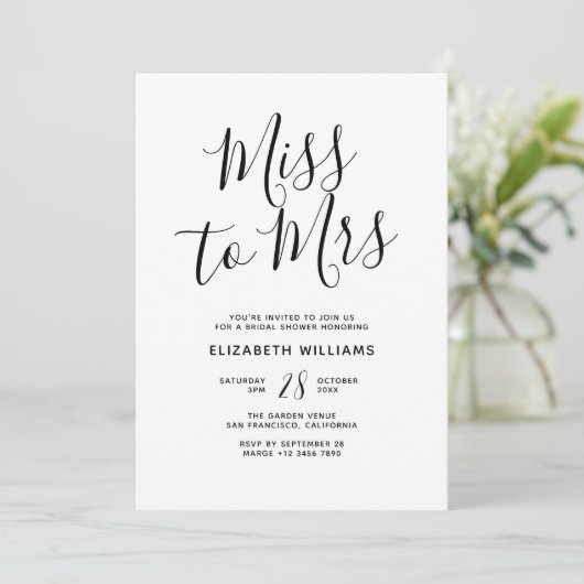 Miss To Mrs Simple Minimalistisch Brautparty Party Einladung (Stehend Vorderseite)