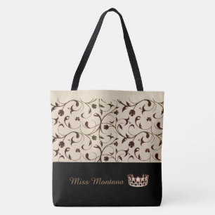Miss USA Gold Crown Tote Bag Beige & Brown Scrolls Tasche