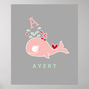 Miss Whale Red Bow Monogram Girl Kinderzimmer Wall Poster
