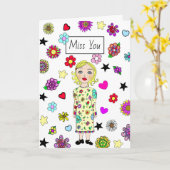 Miss You, Freundschaft, Whimsical Girl mit Blume Karte (Gelbe Blume)