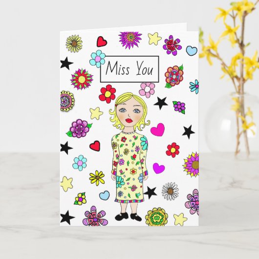 Miss You, Freundschaft, Whimsical Girl mit Blume Karte (Gelbe Blume)