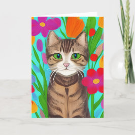 Miss You Niedlich Gray Katze mit farbigen Blume Karte