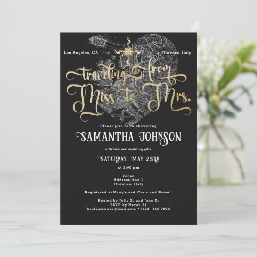 Miss zu Mrs. Black Kristal Reiseplan Brautparty Einladung (Stehend Vorderseite)