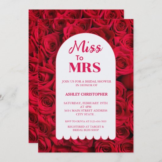 Miss zu Mrs. Rote Rosen Arch Brautparty Einladung (Vorne/Hinten)