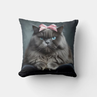 Missbilligende Katze: Fluffige graue Katze mit ros Kissen