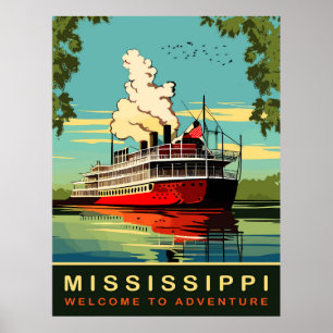 Mississippi, Dampfschiff Kreuzfahrt, Vintage Reise Poster