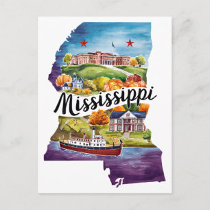 Mississippi USA State Vintage Wasserfarbe Postkarte